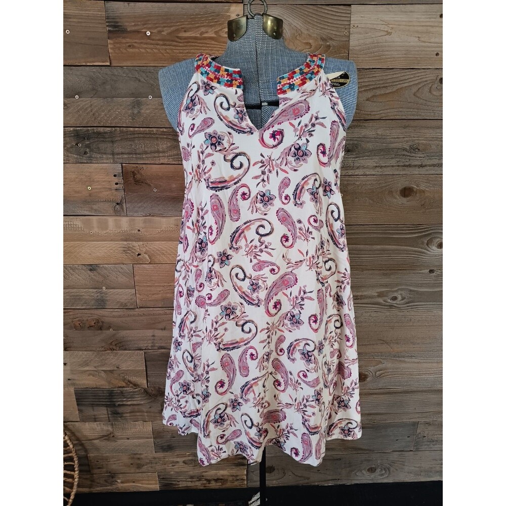 Savanna Jane Shift Tunic Dress Sz. S Embroidered Neckline Paisley Sleeveless EUC